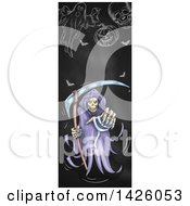 Poster, Art Print Of Sketched Vertical Halloween Border Of A Grim Reaper Ghost Bats Skull And Pumpkin On A Blackboard