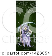 Clipart Of A Sketched Vertical Halloween Border Of A Grim Reaper Ghost Bats Skull And Pumpkin Royalty Free Vector Illustration