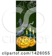 Poster, Art Print Of Sketched Vertical Halloween Border Of A Witch Hat Bats Pumpkins Crow And Candelabra
