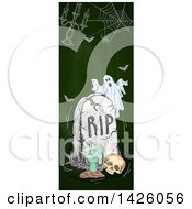 Poster, Art Print Of Sketched Vertical Halloween Border Of A Ghost Tombstone Skull Rising Zombie Bats Candelabra Spider Web