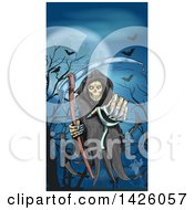 Poster, Art Print Of Sketched Vertical Halloween Border Of A Grim Reaper Ghost Bats Zombie And Full Moon