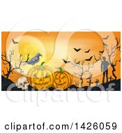 Poster, Art Print Of Sketched Halloween Border Of A Crow Skull Jackolantern Bats And Zombies