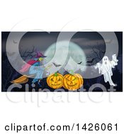 Poster, Art Print Of Sketched Halloween Border Of A Witch Jackolanterns Full Moon Bats And Ghost