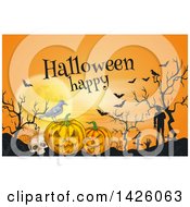Poster, Art Print Of Sketched Happy Halloween Greeting Over A Full Moon Bats Skull Crow Jackolanterns And Zombies In A Cemetery