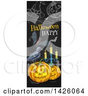 Poster, Art Print Of Sketched Vertical Halloween Border Of A Crow Jackolanterns Candelabra Bats Pumpkin And Witch Hat A Blackboard