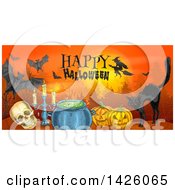 Poster, Art Print Of Sketched Border Of A Happy Halloween Greeting Full Moon Witch Bats Skull Black Cat Candelabra Cauldron And Pumpkins