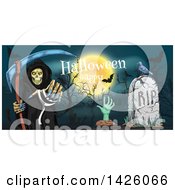 Poster, Art Print Of Sketched Border Of A Happy Halloween Greeting Full Moon Grim Reaper Zombie And Grave