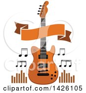 Poster, Art Print Of Brown Electric Guitar With Music Notes A Banner And Equalizers