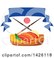 Poster, Art Print Of Serving Of Salmon Sushi With Chopsticks Japanese Flag And Banner
