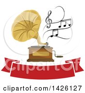 Poster, Art Print Of Phonograph With Music Notes Over A Red Banner