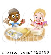 Clipart Of A Cartoon Happy Black Boy And White Girl Making Frosting And Star Shaped Cookies Royalty Free Vector Illustration