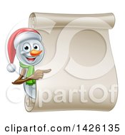 Poster, Art Print Of Christmas Snowman Wearing A Santa Hat And Pointing Around A Blank Scroll