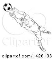 Poster, Art Print Of Black And White Lineart Cartoon Soccer Player Goal Keeper Catching The Ball