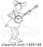 Clipart Of A Cartoon Black And White Lineart Musician Moose Playing A Banjo Royalty Free Vector Illustration
