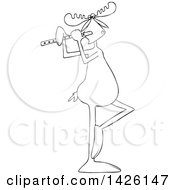 Clipart Of A Cartoon Black And White Lineart Musician Moose Playing A Flute Royalty Free Vector Illustration