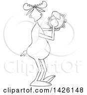 Cartoon Black And White Lineart Musician Moose Playing A Tambourine