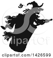 Poster, Art Print Of Black And White Silhouetted Halloween Witch Flying