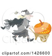 Poster, Art Print Of Halloween Witch Pushing A Jackolantern In A Wagon