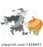 Cartoon Halloween Witch Pushing A Jackolantern Pumpkin In A Wagon