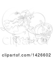 Poster, Art Print Of Black And White Lineart Halloween Witch Pushing A Jackolantern In A Wagon
