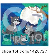 Poster, Art Print Of Group Of Wolves In The Woods Under A Full Moon