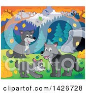 Clipart Of A Group Of Wolves Near A Cave In The Fall Royalty Free Vector Illustration by visekart