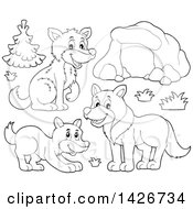 Poster, Art Print Of Cartoon Black And White Lineart Cave And Wolves