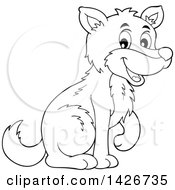 Poster, Art Print Of Cartoon Black And White Lineart Wolf Sitting