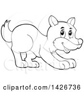 Poster, Art Print Of Cartoon Black And White Lineart Playful Wolf