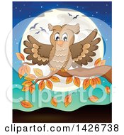 Poster, Art Print Of Happy Owl Landing On An Autumn Branch Against A Full Moon
