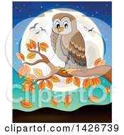 Clipart Of A Happy Owl Landing On An Autumn Branch Against A Full Moon Royalty Free Vector Illustration