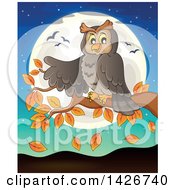 Poster, Art Print Of Happy Owl Presenting On An Autumn Branch Against A Full Moon