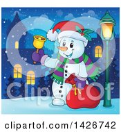 Poster, Art Print Of Festive Christmas Snowman Ringing A Bell And Holding A Sack In A Village At Night