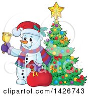 Poster, Art Print Of Festive Christmas Snowman Ringing A Bell And Holding A Sack By A Christmas Tree