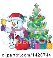 Poster, Art Print Of Festive Snowman Ringing A Bell And Holding A Sack By A Christmas Tree With Gifts
