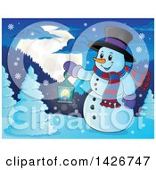 Poster, Art Print Of Snowman Holding A Lantern In The Woods Under A Full Moon