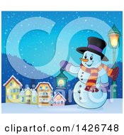 Clipart Of A Snowman Holding A Lantern In A Village At Night Royalty Free Vector Illustration by visekart