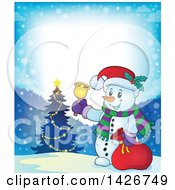 Poster, Art Print Of Festive Border Of A Snowman Ringing A Bell And Holding A Sack By A Christmas Tree