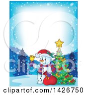 Clipart Of A Festive Border Of A Snowman Ringing A Bell And Holding A Sack By A Christmas Tree Royalty Free Vector Illustration by visekart