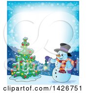 Poster, Art Print Of Border Of A Snowman Holding A Lantern By A Christmas Tree