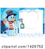 Poster, Art Print Of Snowman Holding A Lantern By A Blank Sign In The Snow
