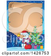 Clipart Of A Parchment Scroll Border Of A Festive Snowman Ringing A Bell And Holding A Sack By A Christmas Tree With Gifts Royalty Free Vector Illustration