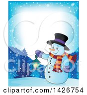 Poster, Art Print Of Border Of A Snowman Holding A Lantern In The Woods