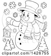 Poster, Art Print Of Black And White Lineart Snowman Holding A Lantern
