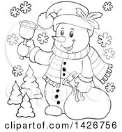 Poster, Art Print Of Black And White Lineart Festive Christmas Snowman Ringing A Bell And Holding A Sack