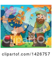 Poster, Art Print Of Happy Male Forester With Animals Binoculars And A Dog In An Autumn Landscape