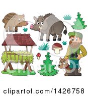 Poster, Art Print Of Male Forest Worker With A Dog Boars Trough Trees Grass And Mushrooms