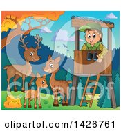 Poster, Art Print Of Happy Male Forester In A Lookout Watching Deer On A Fall Day