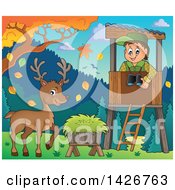 Poster, Art Print Of Happy Male Forester In A Lookout Watching A Buck Deer On A Fall Day