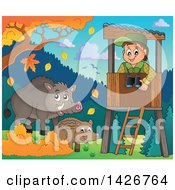 Poster, Art Print Of Happy Male Forester In A Lookout Watching Boars On A Fall Day